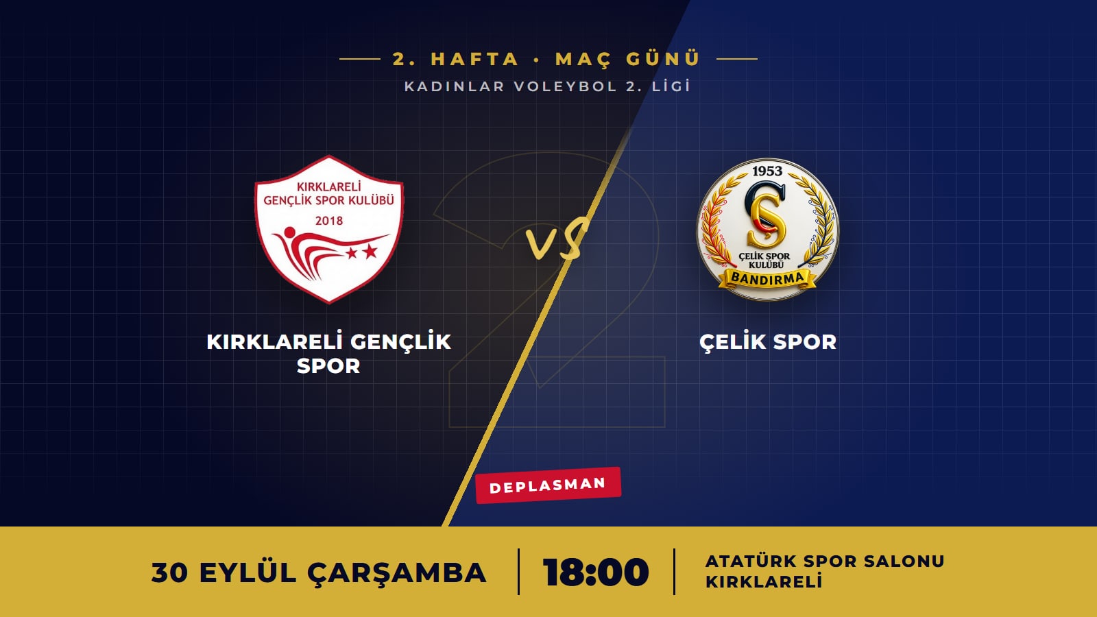 Kırklareli Gençlik Spor ve Çelik Spor armaları; 2. hafta, 30 Eylül Çarşamba 18.00, Kırklareli Atatürk Spor Salonu