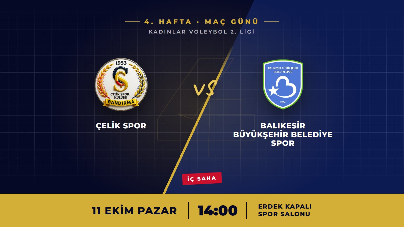 Çelik Spor ve Balıkesir Büyükşehir Belediye Spor armaları; 4. hafta, 11 Ekim Pazar 14.00, Erdek Kapalı Spor Salonu